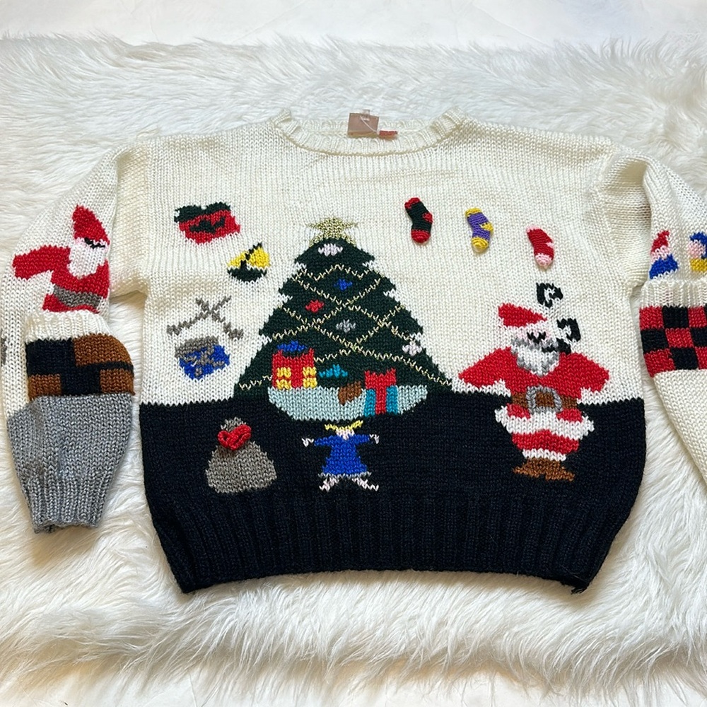 White and Black Crew Neck Sweater with Festive Design